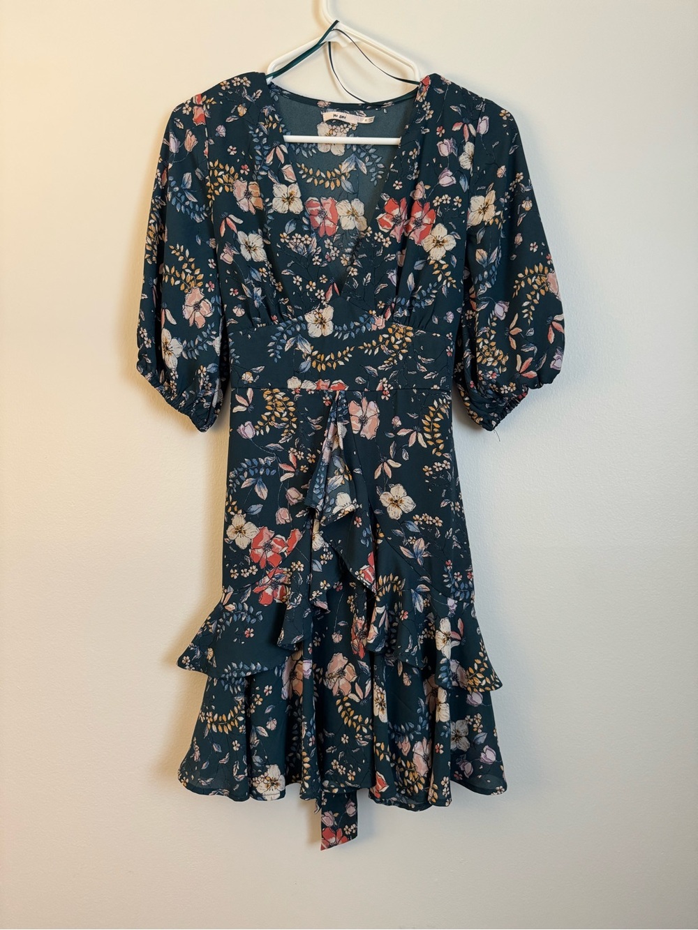 miami Dark Teal Floral Ruffle V-Neck Mini Dress